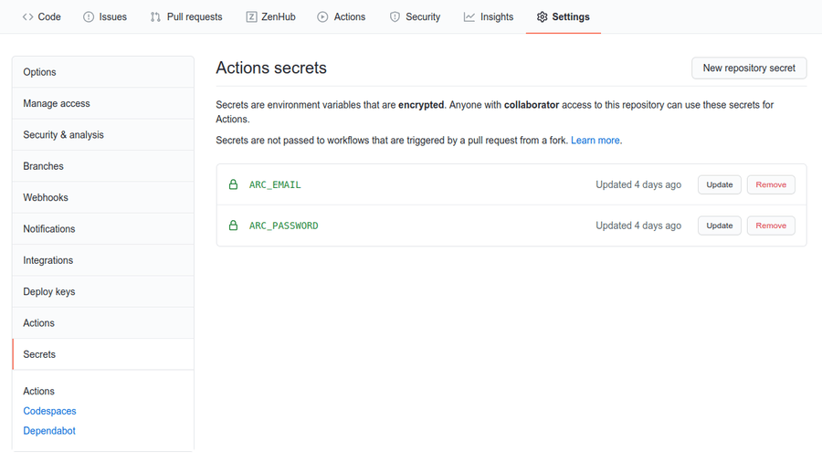 Secrets tab in the repository settings