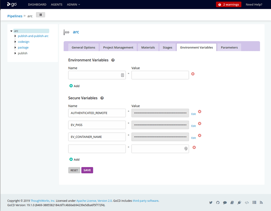 GoCD environment variable edit page