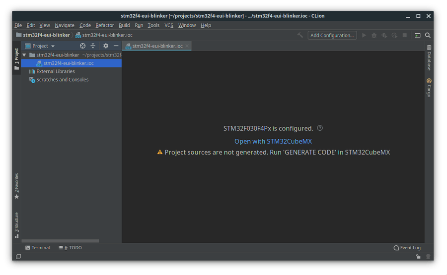 Fresh project CLion main window view