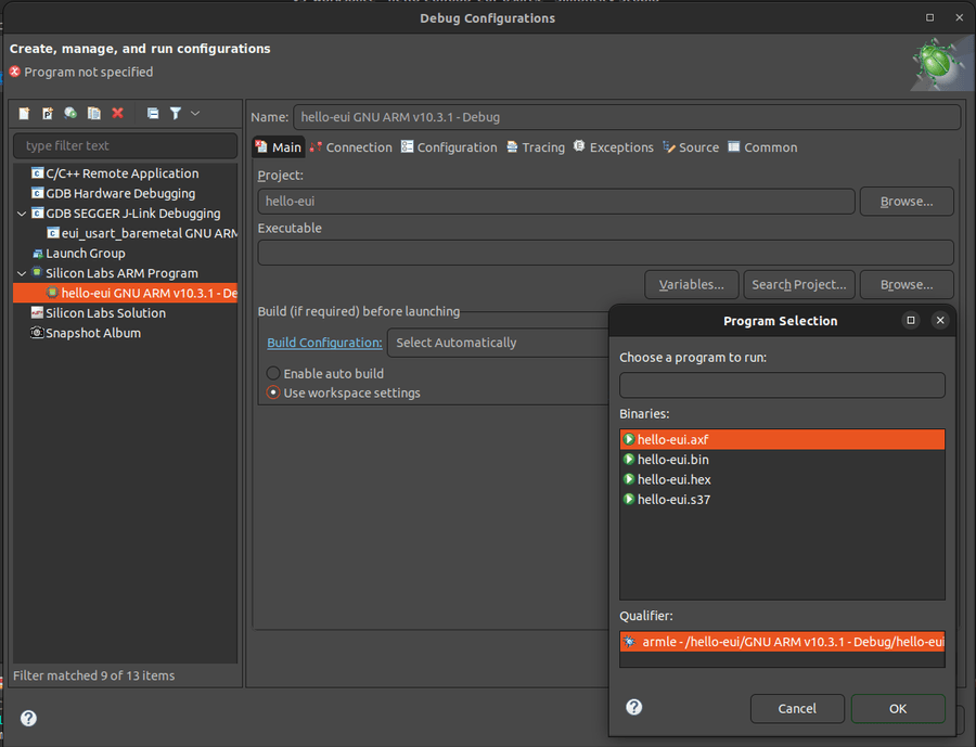 debug configuration select program