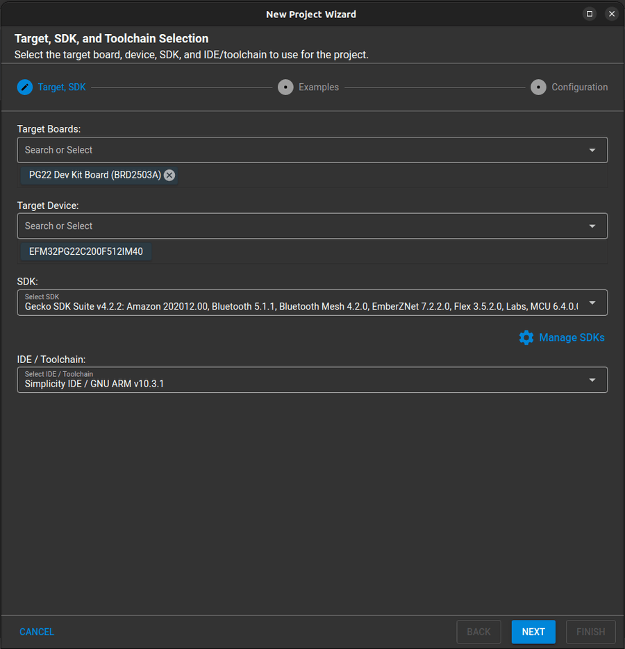 New project window asking to select target board