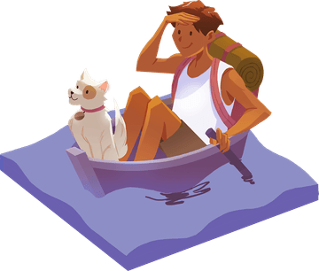 Explorer and dog in rowing boat, searching