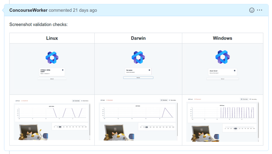 GitHub comment with screenshots in a table