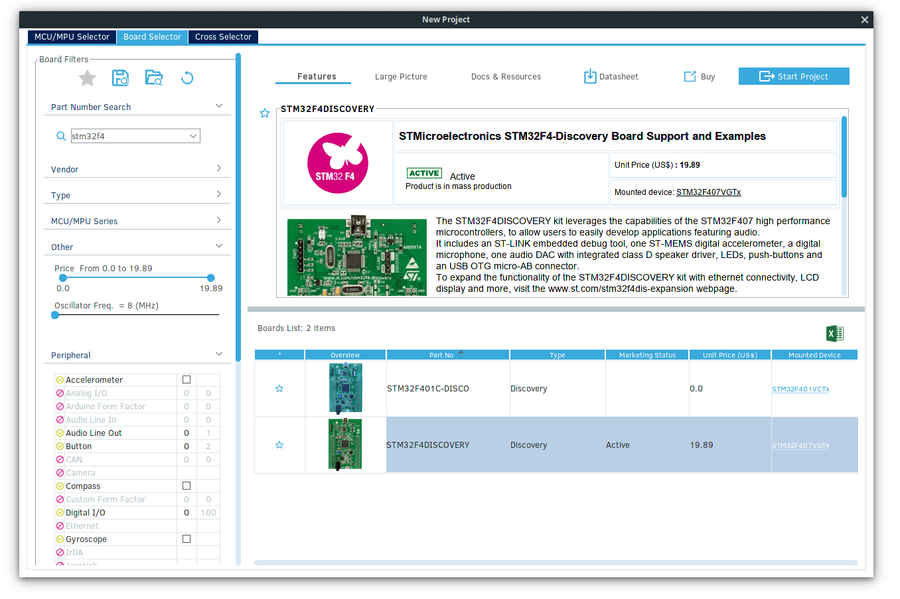 Board Selection Screen in STMCubeMX
